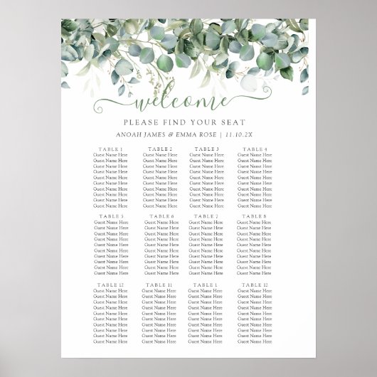 Elegant Eucalyptus Greenery Wedding Seating Chart ポスター (正面)