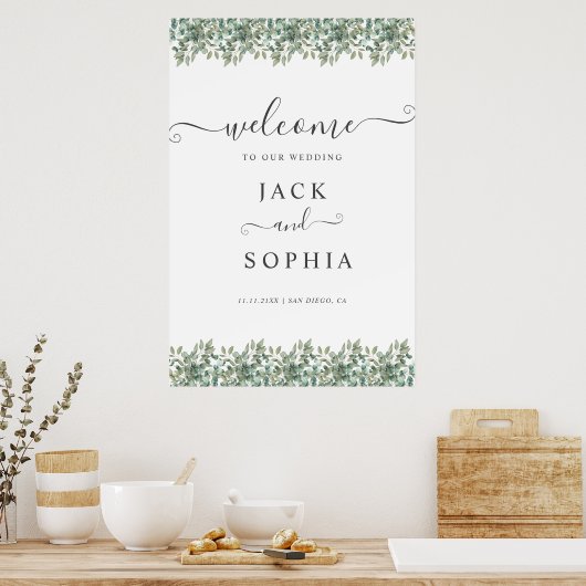 Elegant Eucalyptus Greenery Wedding Welcome Sign ポスター (キッチン)