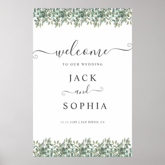 Elegant Eucalyptus Greenery Wedding Welcome Sign ポスター (正面)