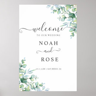 Elegant  Eucalyptus Greenery Wedding Welcome Sign ポスター