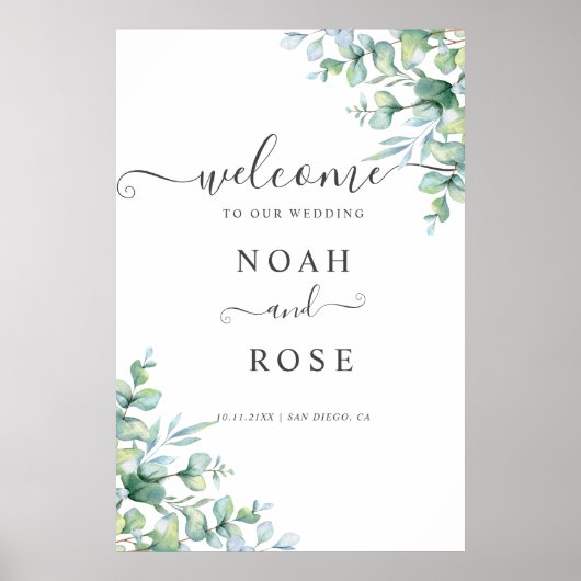 Elegant  Eucalyptus Greenery Wedding Welcome Sign ポスター (正面)