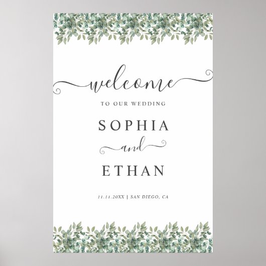 Elegant  Eucalyptus Greenery Wedding Welcome sign ポスター (正面)