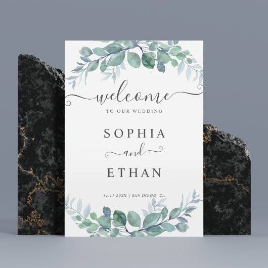 Elegant  Eucalyptus Greenery Wedding Welcome Sign ポスター