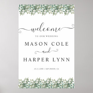 Elegant  Eucalyptus Greenery Wedding Welcome sign ポスター