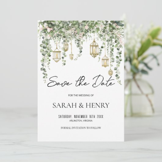 Elegant Eucalyptus Lantern Save the Date   招待状 (スタンド正面)