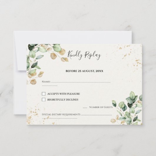 Elegant Eucalyptus Leaves & Gold Accents Wedding 出欠カード (正面)
