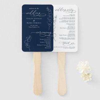 Elegant Eucalyptus Navy Blue Wedding Program ハンドファン
