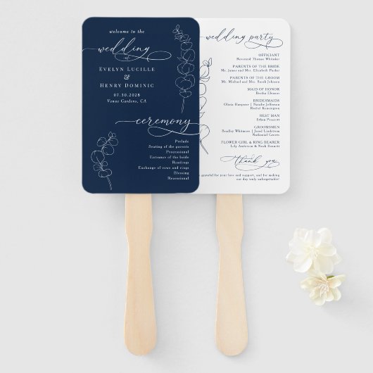 Elegant Eucalyptus Navy Blue Wedding Program ハンドファン (正面&裏面)
