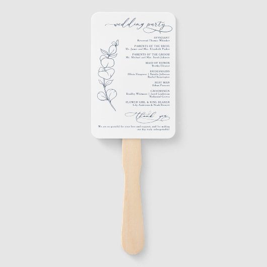 Elegant Eucalyptus Navy Blue Wedding Program ハンドファン (裏面)