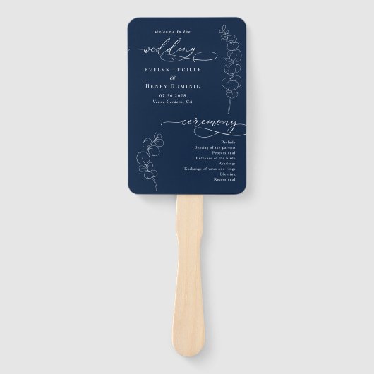 Elegant Eucalyptus Navy Blue Wedding Program ハンドファン (正面)