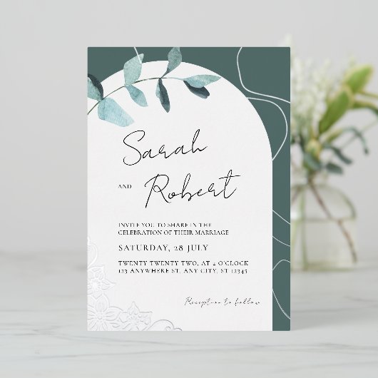 Elegant Eucalyptus & Silver Accents | Arch Theme 箔招待状 (立ち正面)