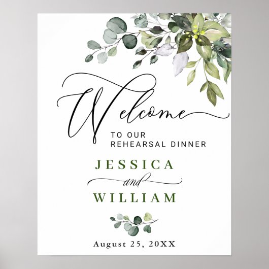 Elegant Eucalyptus Watercolor Rehearsal Dinner Pos ポスター (正面)