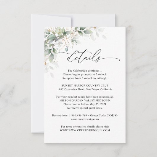 Elegant Eucalyptus Wedding Details Card 出欠カード (正面)