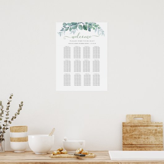 Elegant Eucalyptus Wedding Seating Chart ポスター (キッチン)