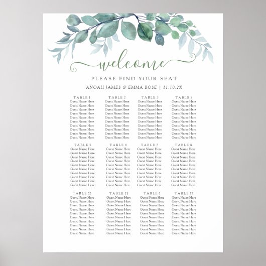 Elegant Eucalyptus Wedding Seating Chart ポスター (正面)
