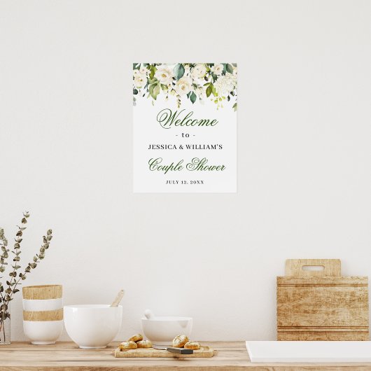 Elegant Eucalyptus White Roses Couples Shower ポスター (キッチン)