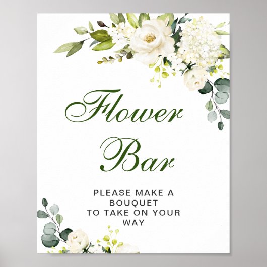 Elegant Eucalyptus White Roses Flower Bar Sign ポスター (正面)