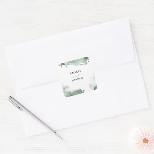 Elegant Eucalytus Greenery Watercolor Wedding スクエアシール (封筒)