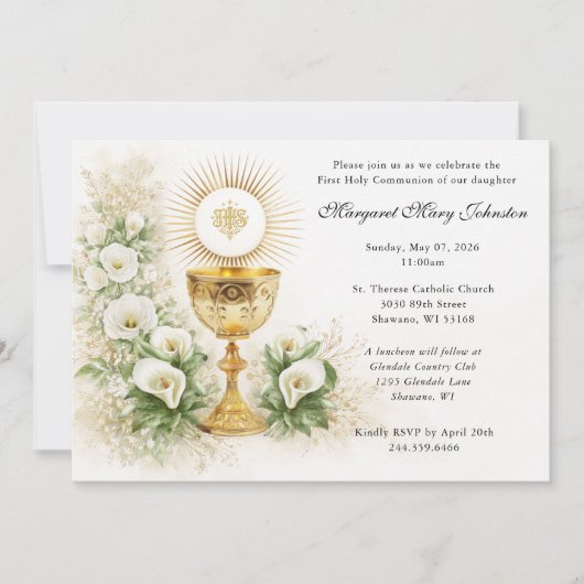 Elegant Eucharist First Communion Floral 招待状 (正面)