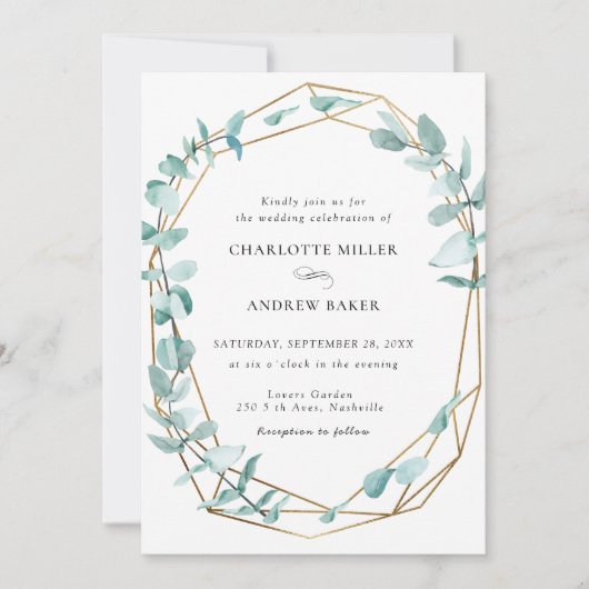 Elegant Eukalyptus Grün Gold einladung 招待状 (正面)