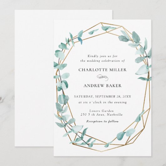Elegant Eukalyptus Grün Gold einladung 招待状 (正面/裏面)