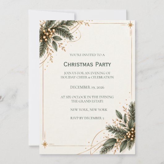 Elegant Evergreen Gold Christmas Party Invitation 招待状 (正面)
