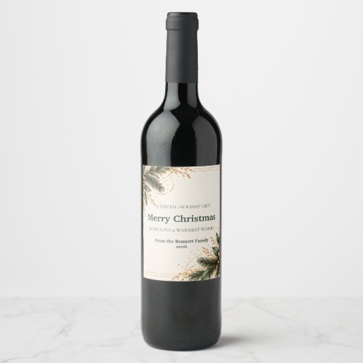 Elegant Evergreen Gold Christmas Wine Label ワインラベル (正面)