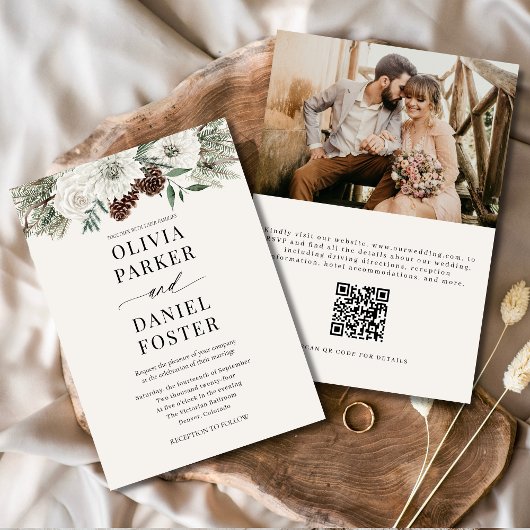 Elegant Evergreen Winter Photo QR Code Wedding 招待状