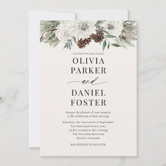 Elegant Evergreen Winter Photo QR Code Wedding 招待状 (正面)