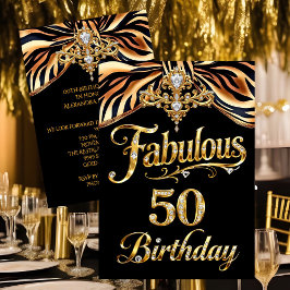 Elegant Fabulous 50 Birthday Black Gold Zebra Bow 招待状