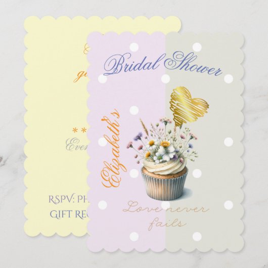 Elegant Faith Floral Cupcake Pastel Dot Gold Heart 招待状 (正面/裏面)