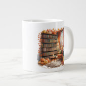 Elegant Fall Bookshelf Mug — Cozy Curtain ジャンボコーヒーマグカップ (正面右)