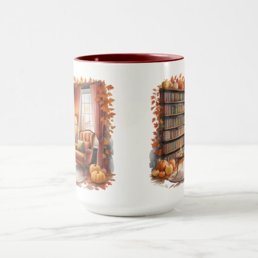 Elegant Fall Bookshelf Mug — Cozy Curtain マグカップ (中央)