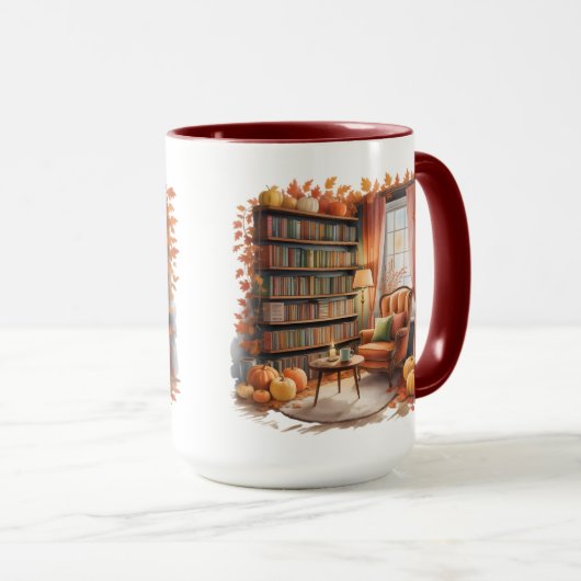 Elegant Fall Bookshelf Mug — Cozy Curtain マグカップ (正面右)