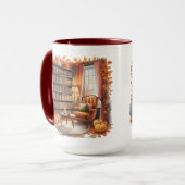 Elegant Fall Bookshelf Mug — Cozy Curtain マグカップ (正面左)