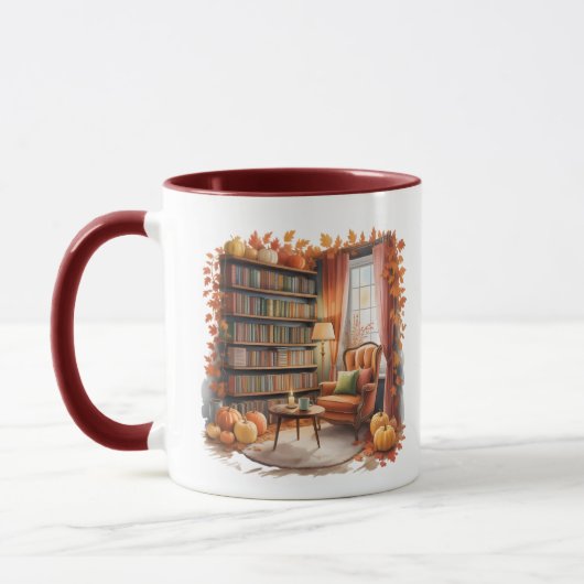 Elegant Fall Bookshelf Mug — Cozy Curtain マグカップ (左)