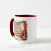 Elegant Fall Bookshelf Mug — Cozy Curtain マグカップ (正面左)
