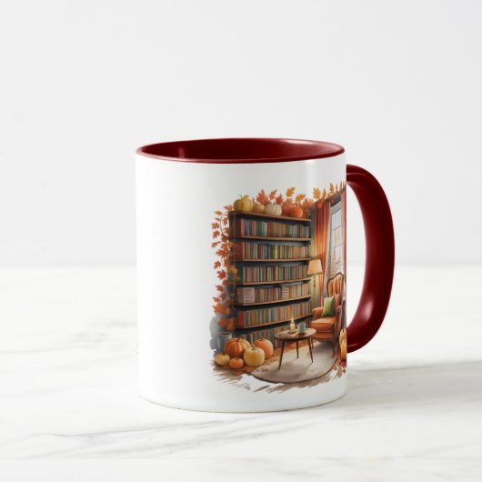 Elegant Fall Bookshelf Mug — Cozy Curtain マグカップ (正面右)