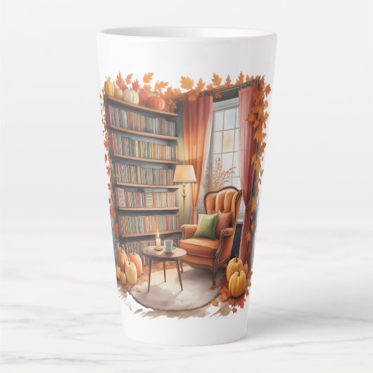 Elegant Fall Bookshelf Tasses — Cozy Curtain カフェラテマグ (正面)