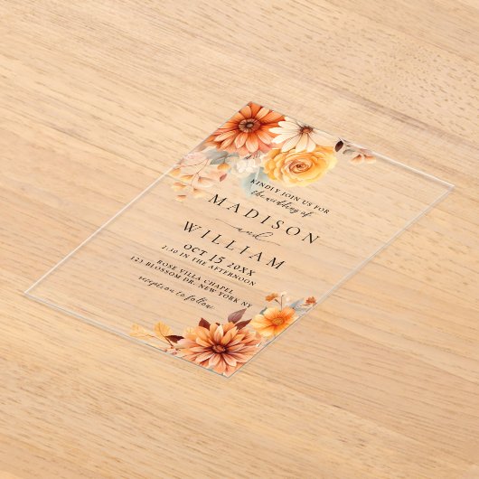 Elegant Fall Daisy Floral Wedding アクリル招待状 (レイダウン)