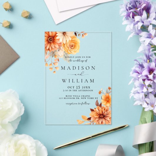 Elegant Fall Daisy Floral Wedding アクリル招待状 (インサイチュ (ウェディング))