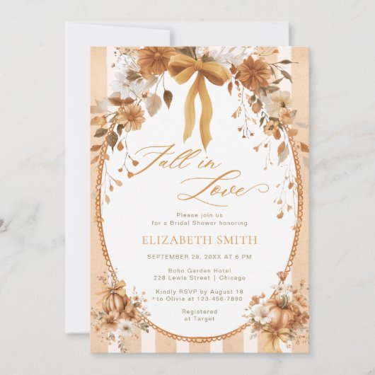 Elegant Fall Floral Bow Fall in Love Bridal Shower 招待状 (正面)