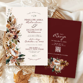 Elegant Fall Floral Burgundy Boho Autumn Wedding 招待状