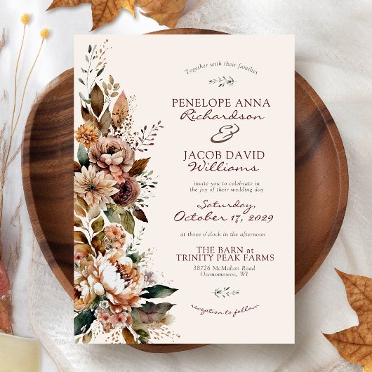 Elegant Fall Floral Burgundy Boho Autumn Wedding 招待状