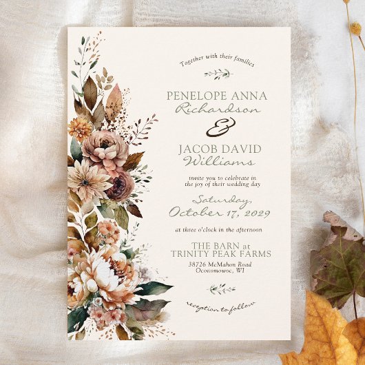 Elegant Fall Floral Dark Brown Boho Autumn Wedding 招待状