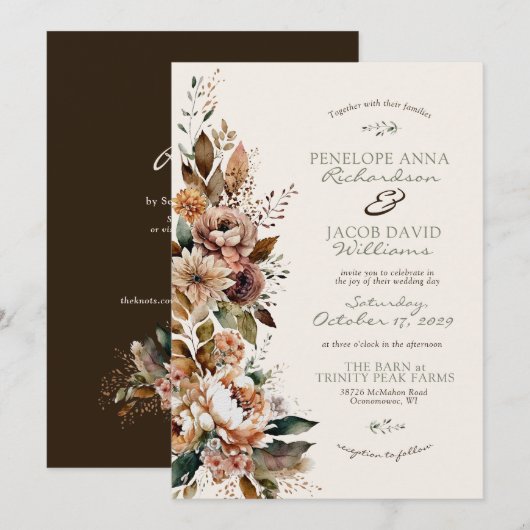 Elegant Fall Floral Dark Brown Boho Autumn Wedding 招待状 (正面/裏面)