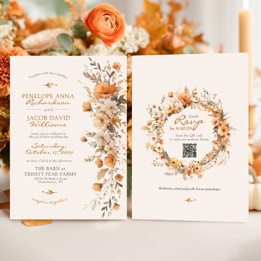 Elegant Fall Floral Ivory Rustic Autumn Wedding 招待状