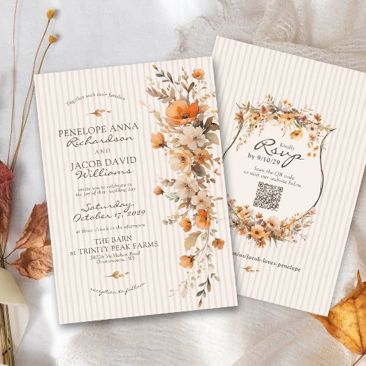 Elegant Fall Floral Ivory Striped Autumn Wedding 招待状