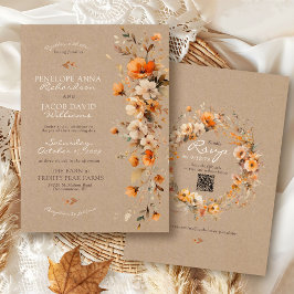 Elegant Fall Floral Rustic Kraft Autumn QR Wedding 招待状