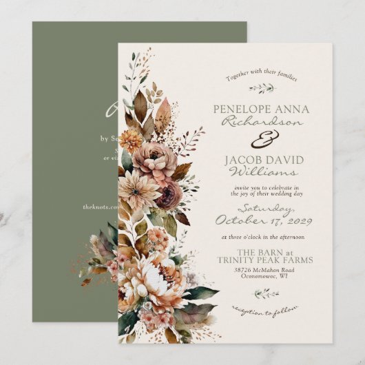 Elegant Fall Floral Sage Green Boho Autumn Wedding 招待状 (正面/裏面)
